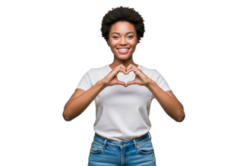 happy young girl raising her hands making a heart shape isolated on white background