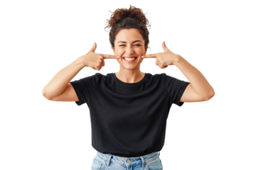 happy young woman with hands up isolated on white