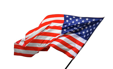 The American flag waves proudly against a white background, symbolizing national pride and freedom.