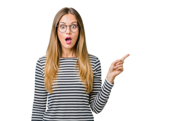 surprised young woman showing something isolated on white