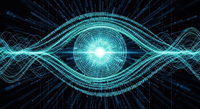 Abstract digital eye with glowing waves and binary code patterns