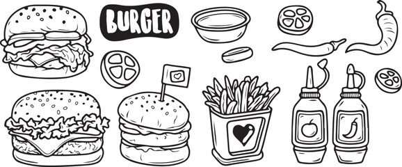 Burger and Fries Doodle Set – Fast Food, Burger, French Fries, Snack, Junk Food, Ketchup, Doodle Art, Hand Drawn, Vintage, Line Drawing, Takeout, Cartoon Style, Bold Lines, Monochrome, Sketch, Meal, L