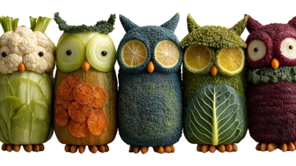 Whimsical Veggie Owls: A charming collection of adorable owl figurines meticulously crafted from colorful vegetables, adding a playful touch to food art and culinary creativity.