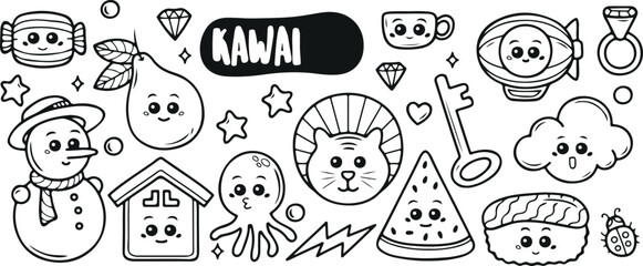 Kawaii Animal and Food Doodles – Cute, Lion, Pizza, Cartoon, Panda, Stars, Manga, Happy, Whimsical, Smiling, Kids Design, Girly, Fun, Kawaii Art, Pastel Look, Character
