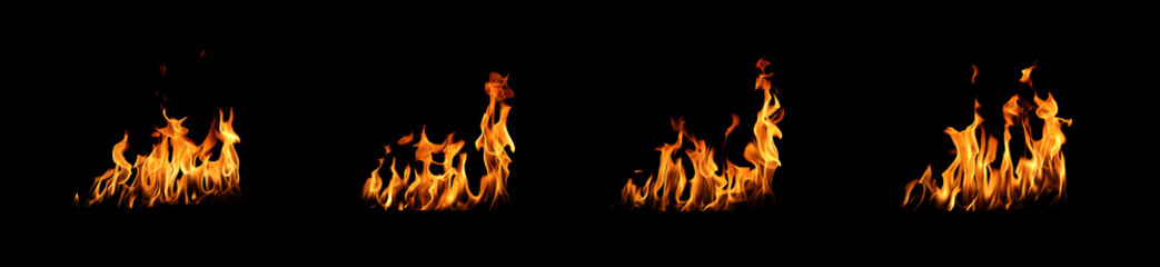 Fototapeta premium Abstract flame isolated on black background. Different burning effects. Flames in the night sky. 