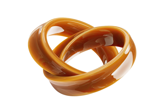 Two intertwined caramel-colored rings, smooth and glossy, create a heart shape