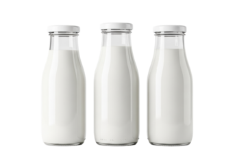 Three varying clear glass bottles of transparent milk with metallic screw caps, perfectly isolated on a transparent seamless studio background with diffused lighting, minimalistic milk product