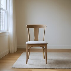Wooden chair placed on beige rug in sunlit corner