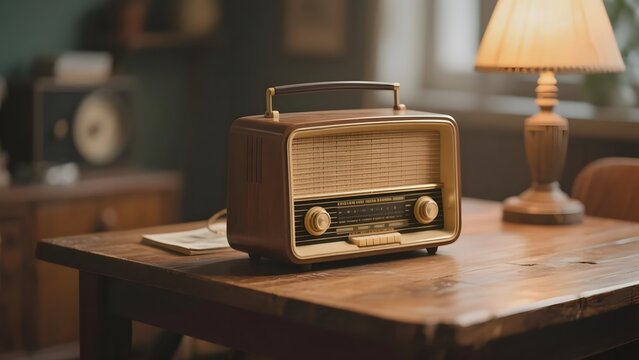 Vintage radio placed on a wooden table in a cozy room setting