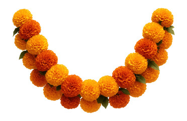 A colorful garland of vibrant orange and yellow marigold flowers arranged in a semi-circle with green leaves on transparent background.