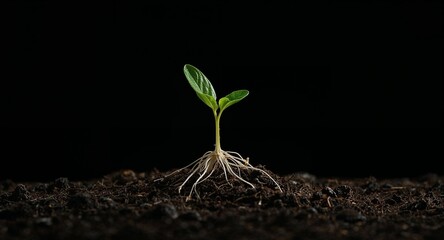 A small green seedling with visible roots growing in dark soil against a black background studio shot