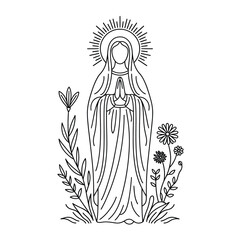 Outline drawing of the virgin mary praying amongst flowers