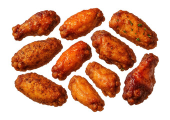 A variety of crispy and saucy chicken wings arranged in a scattered pattern on transparent background.