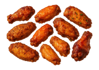 A variety of crispy and saucy chicken wings arranged in a scattered pattern on transparent background.