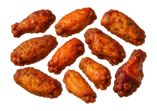 A variety of crispy and saucy chicken wings arranged in a scattered pattern on transparent background. - Powered by Adobe