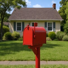 Red mailbox outside suburban house