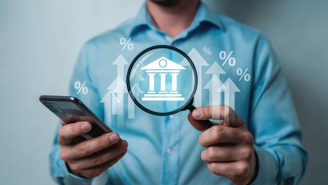 Analyze banking growth with financial data on smartphone and magnifying glass, showing upward trends.