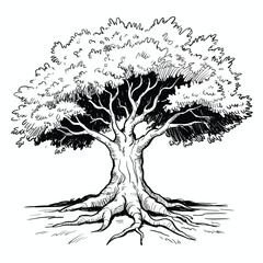 Detailed black and white sketch of a large ancient oak tree with exposed roots