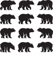 Bear Walking Silhouette Pack Black Vector illustration Icons of Wild Animal Poses for Nature and Wildlife Designs