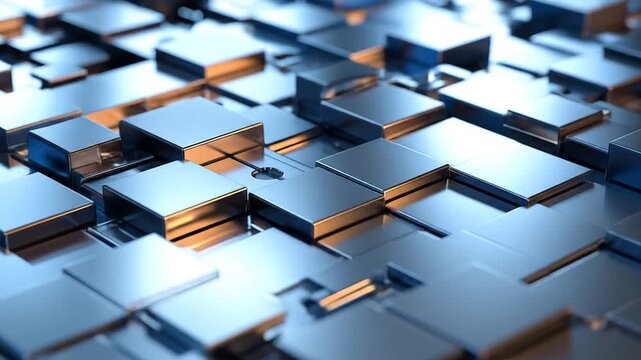 A close-up view showcasing a metallic, abstract design of interconnected, cuboid structures, reflecting light and creating a sense of depth