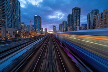 Fototapeta premium Urban train tracks at sunset. Modern city buildings line the tracks, with a blurred train moving swiftly