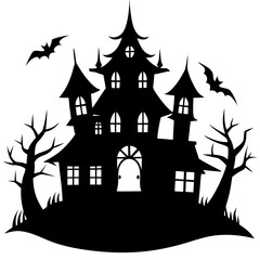 Black silhouette of a haunted house with bats and bare trees on a white background Halloween