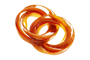Two interlocking, caramel-colored rings.  Glossy, smooth texture.  3D render