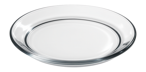 Transparent glass plate with a smooth rim, suitable for serving and displaying food items, on transparent background.