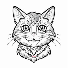 Elegant cat portrait with decorative collar: detailed line art illustration