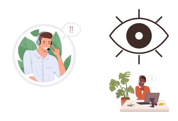 A man with a headset discussing feedback, a symbolic eye for observation, a woman working at a desk. Ideal for customer service, communication, feedback, monitoring, problem-solving, teamwork