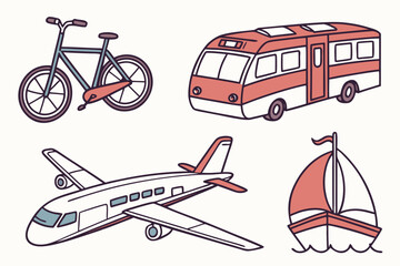 Collection of transportation vehicles bicycle, bus, airplane, and sailboat isolated on white background