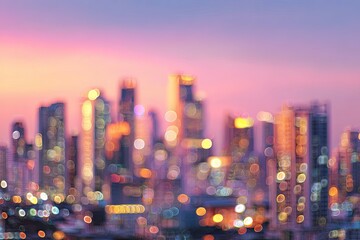 Blurred cityscape at twilight. Soft focus on illuminated modern buildings