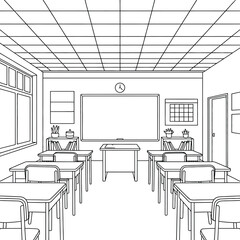 Empty classroom with desks and whiteboard in sketch style