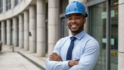 Confident Black man wearing hard hat and tie smiles, arms crossed, outside modern office building
