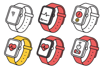 Collection of six smartwatches with different displays and colored bands isolated on white background