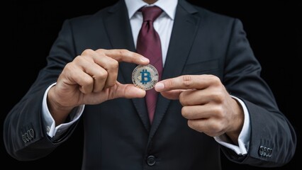Sharp businessman in suit presents a shiny Bitcoin coin, symbolizing financial innovation and digital wealth.