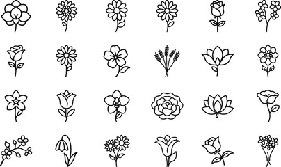 Bundle of 24 Hand-Drawn Flower Icons – Minimalist Floral Vector Set for Design, Tattoo, Logo, and Decorative Use