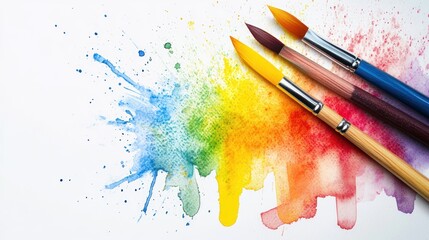 Obraz premium Artistic Expression with Vibrant Watercolor Palette and Paintbrushes on White Paper