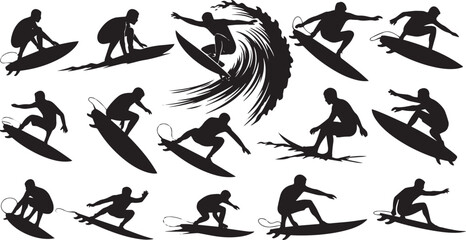 Silhouette of a man riding a surfboard, capturing the energy and motion of surfing. Perfect for beach, summer, sport, and ocean-themed vector designs. High-quality black vector on a white background.