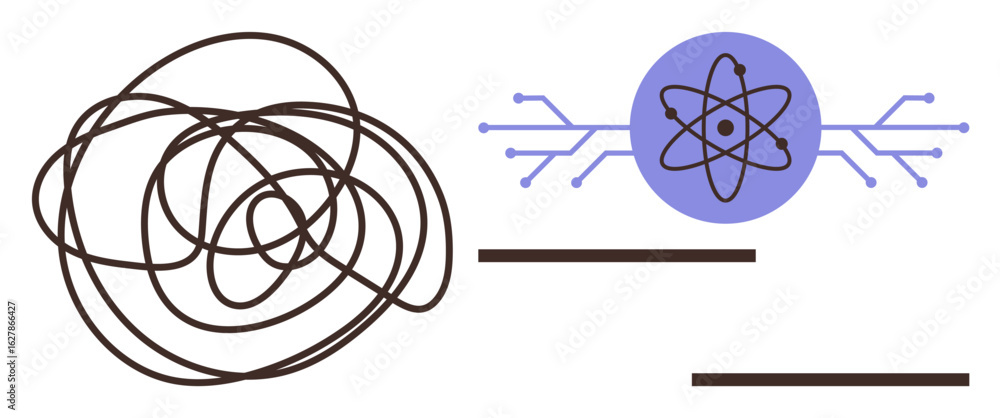Poster tangled line transitioning into an atom icon with circuitry, illustrating problem-solving, organizat
