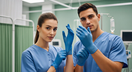 Fototapeta premium Medical team, male nirse and female nurse in blue scrubs, confidently put on sterile gloves in a hospital. Healthcare professionals ready for a procedure