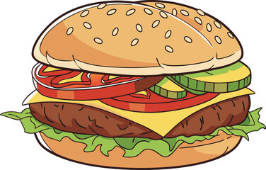 Juicy Hamburger Illustration with Toppings and Bun. Classic American Cheeseburger Design with Lettuce and Tomato. Tasty Grilled Hamburger Drawing for Fast Food Menu Artwork. Gourmet Burger