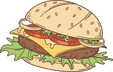 Juicy Hamburger Illustration with Toppings and Bun. Classic American Cheeseburger Design with Lettuce and Tomato. Tasty Grilled Hamburger Drawing for Fast Food Menu Artwork. Gourmet Burger