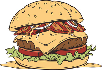 Juicy Hamburger Illustration with Toppings and Bun. Classic American Cheeseburger Design with Lettuce and Tomato. Tasty Grilled Hamburger Drawing for Fast Food Menu Artwork. Gourmet Burger