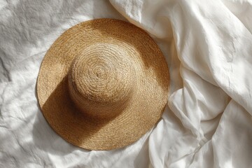 Light beige straw sun hat on draped white fabric