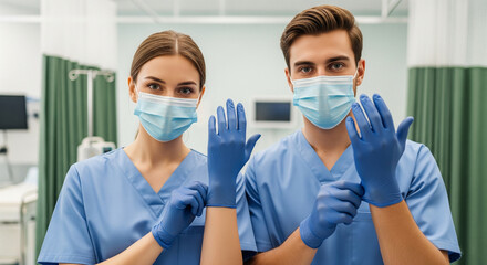 Two healthcare workers, a man and a woman in blue scrubs and masks, putting on sterile gloves. Ready for medical procedure, teamwork in hospital