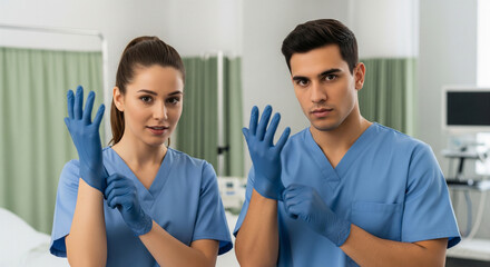 Obraz premium Portrait of medical team between a man and woman in blue scrubs, confidently put on sterile gloves in a hospital