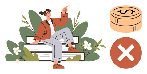 Young woman seated on stacked books, gesturing thoughtfully, surrounded by plants, with a coin stack representing funds and a large cross indicating rejection. Ideal for education, finance, choices