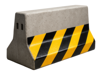 Concrete road barrier with yellow and black hazard stripes designed for traffic control on transparent background.