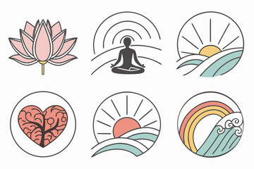 Collection of spiritual and wellness icons including lotus, meditation, heart, and nature